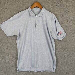 B Draddy Polo Shirt Mens Large Blue Stripe Performance Stretch USA Flag *Logo*